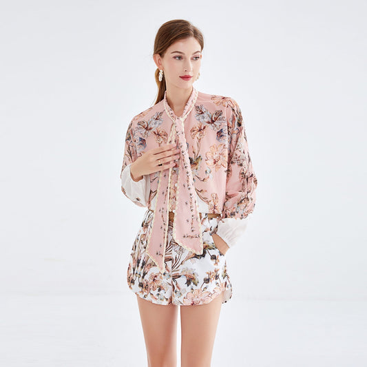 Women New Cotton Linen Lace up Stitching Lace Shirt Loose Single breasted Top Shorts Two piece Set