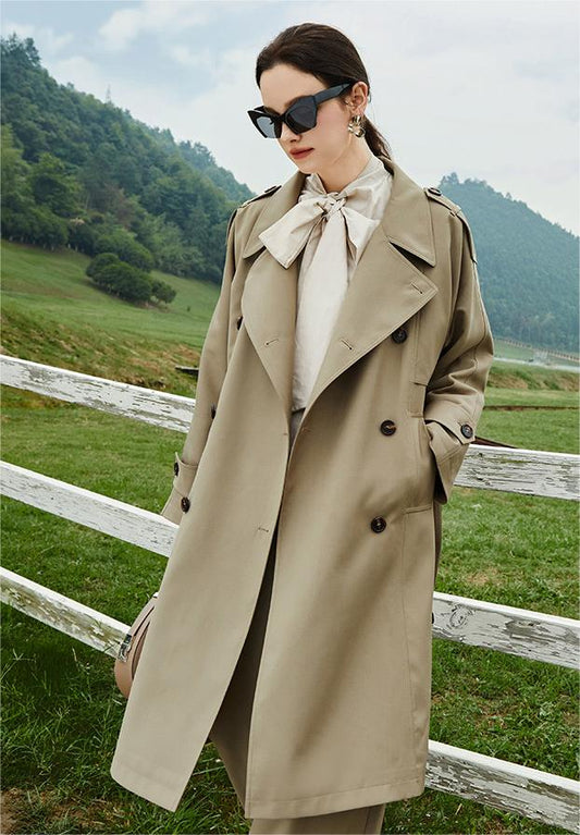 Element Autumn British Retro Double Breasted over the Knee Lengthened Trench Coat for Women Coat