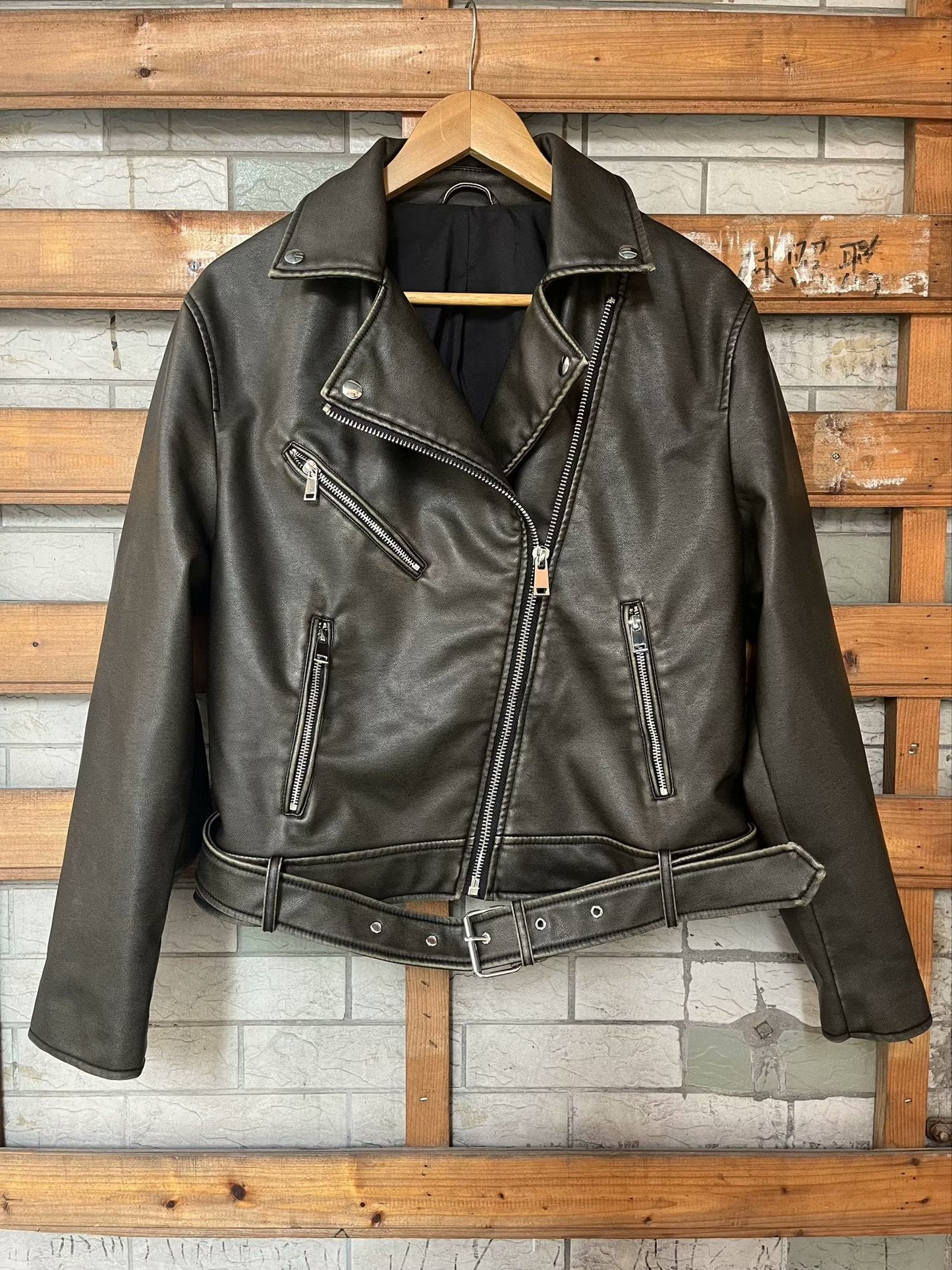 Early Autumn Women Clothing Vintage Faux Leather Motorcycle Jacket Coat Loose Leather Coat