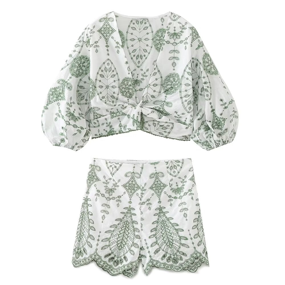 Summer Embroidered Short Women Shirt Top Embroidered Shorts Vacation Suit