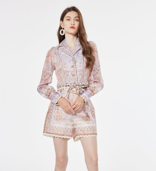 Women  Spring and Autumn Printed Stitching Lace  Short Top Lace Up Shirt High Waist Shorts with Belt