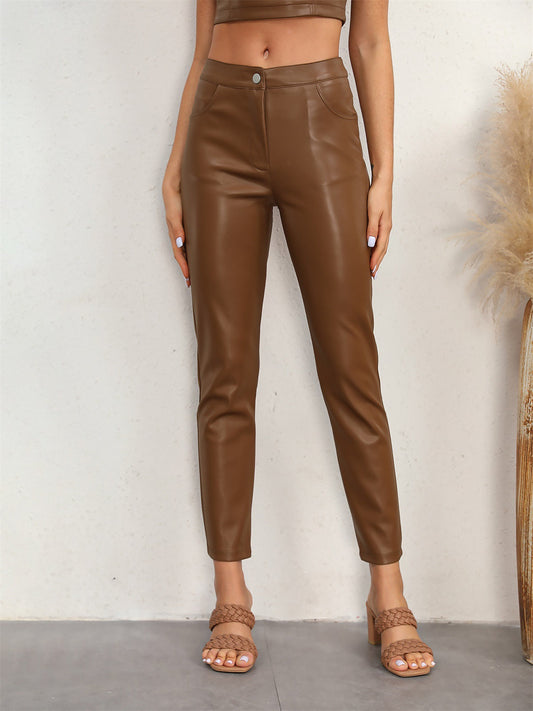 Fashionable Low Waist Autumn Winter Thin Velvet Slim Fit All Match Tapered Leather Pants