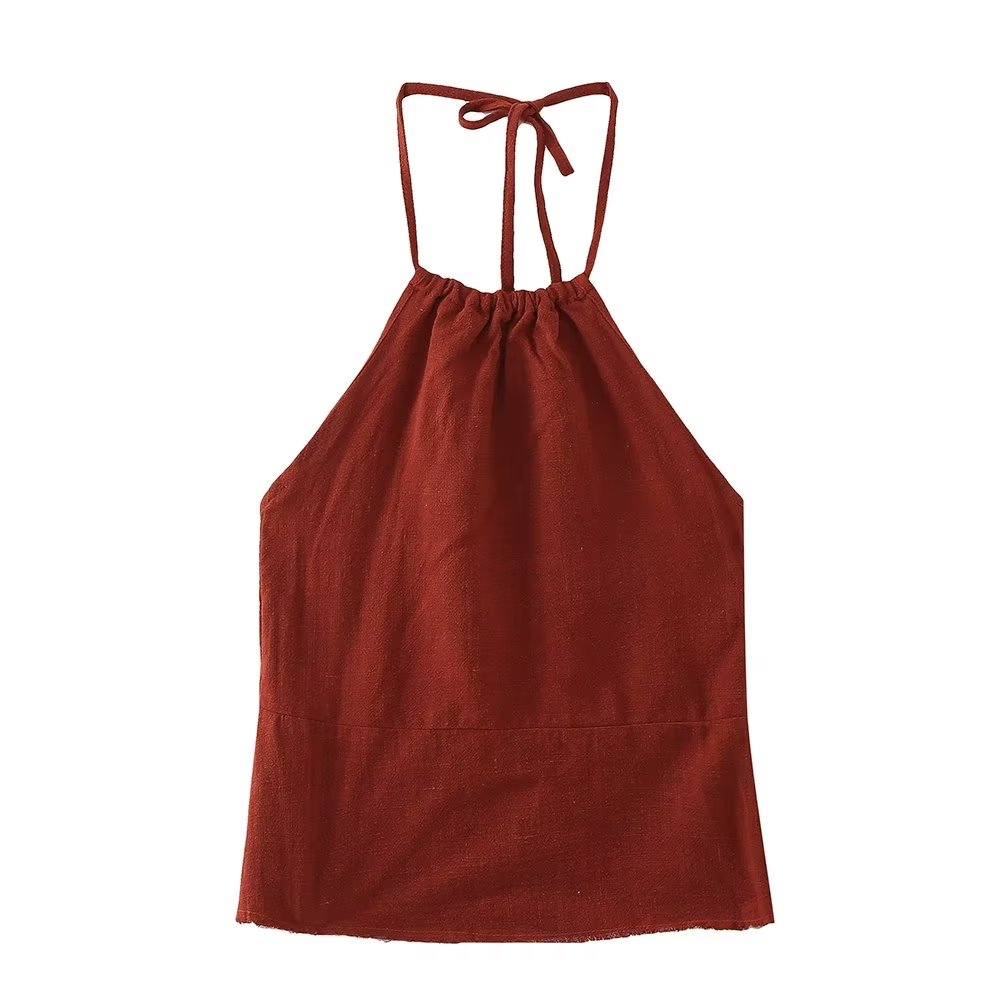 Autumn Backless Halter Top Linen Frayed Mid Waist Skirt