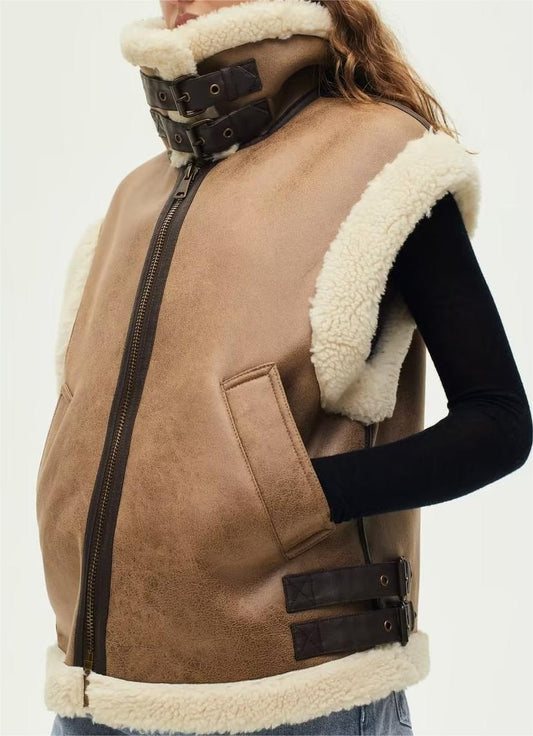 Autumn Winter Women Brown Fur One Collared Vest Coat Thickened Vest
