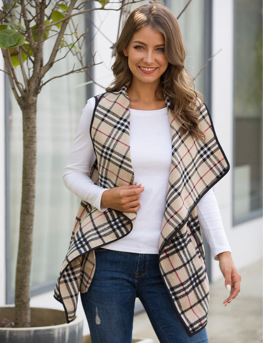 Spring Summer Women Clothing Vest Top Plaid Collared Sleeveless Cape Woolen Coat