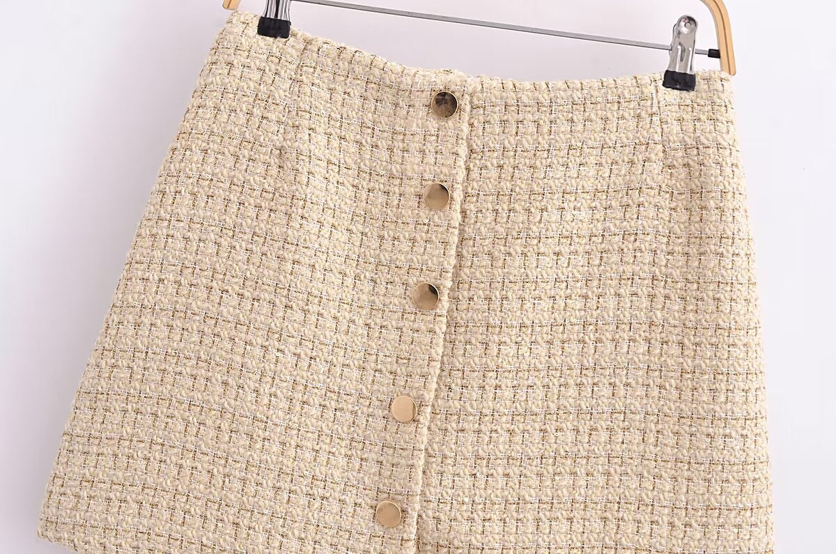 Autumn Chanel Long Sleeve Short Coat Fastener Decoration High Waist Skirt Set Women