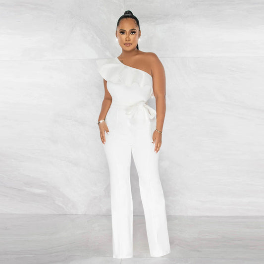 Women Clothing Solid Color Ruffles Jumpsuit Containing Belt