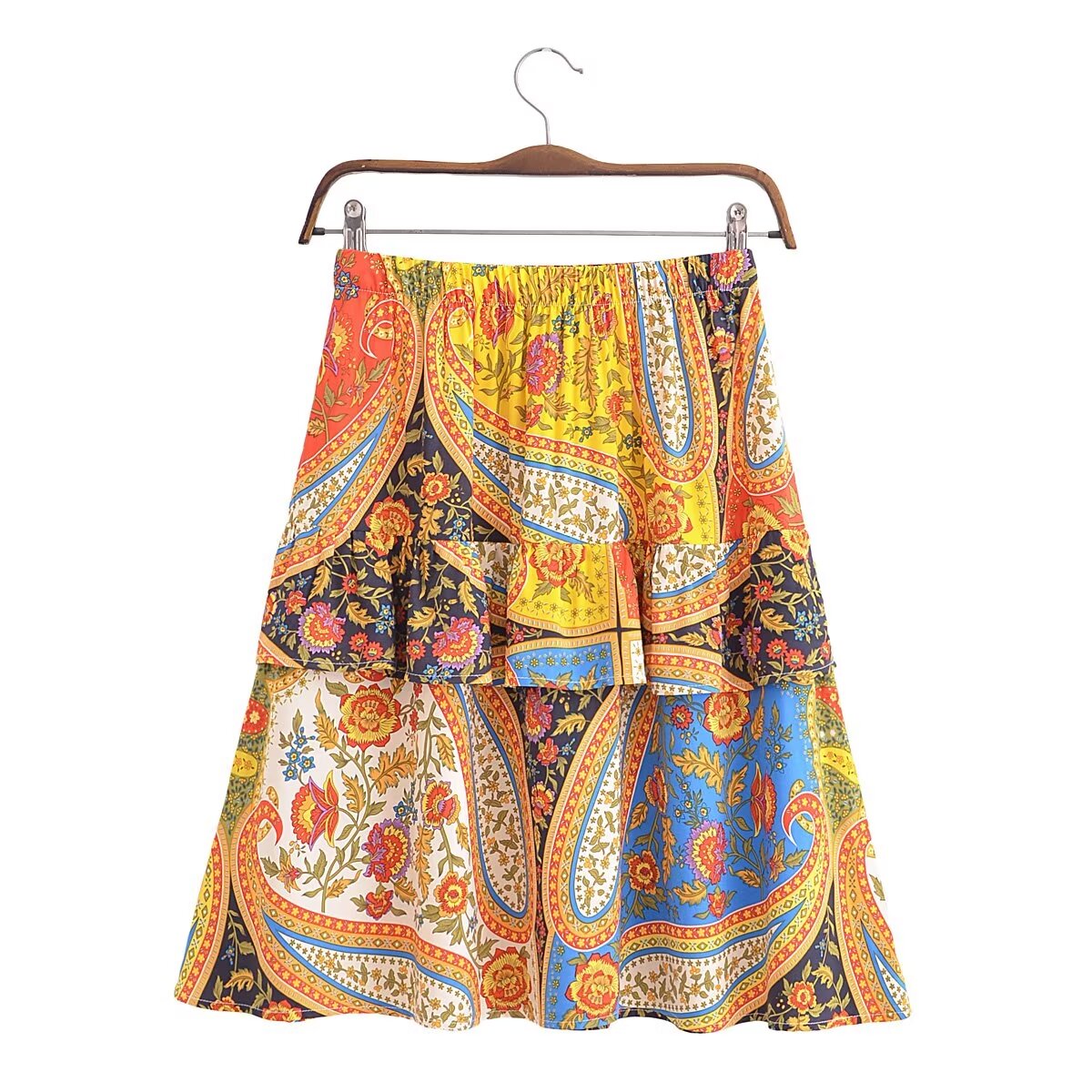 Autumn Printing Decorated Tassel Long Sleeve Loose Top Elastic Waist Tiered Skirt Set Women
