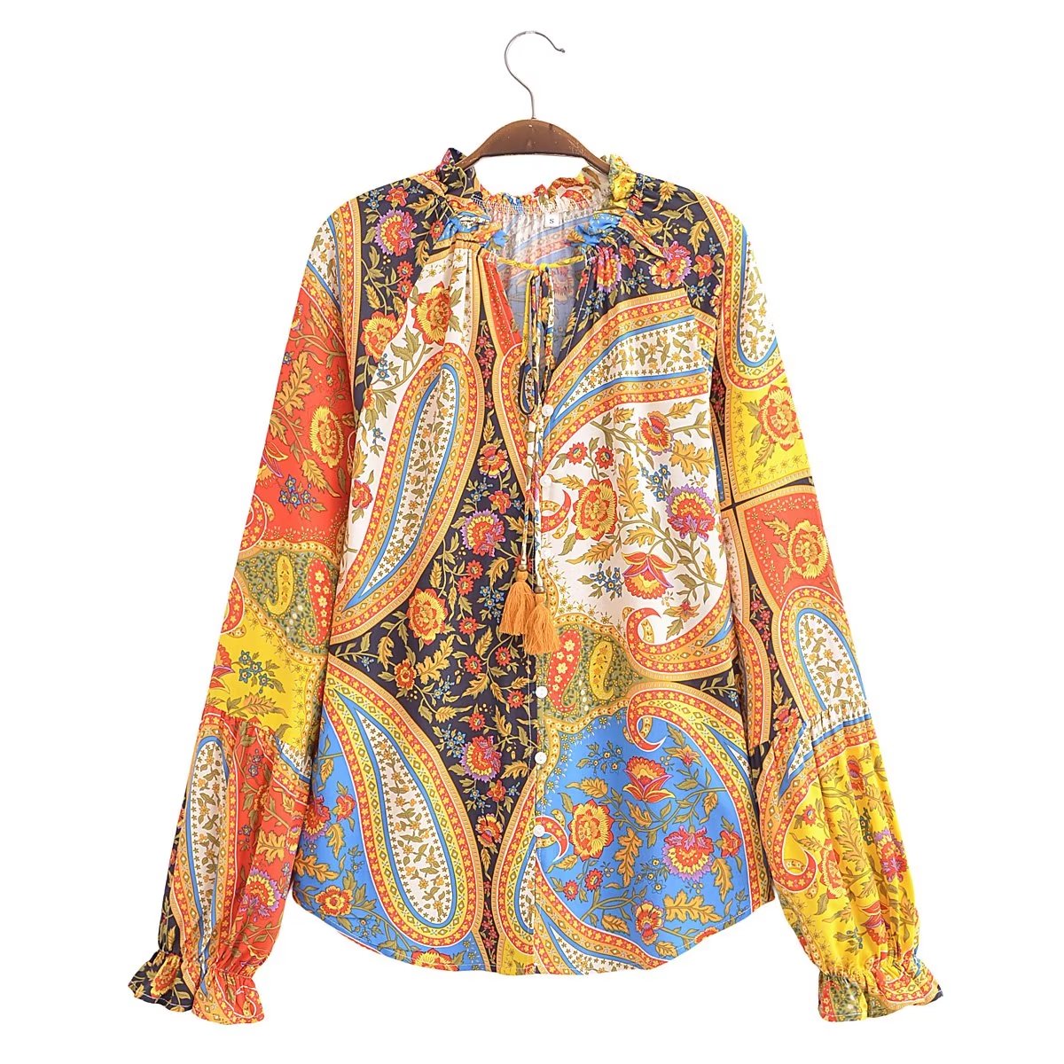 Autumn Printing Decorated Tassel Long Sleeve Loose Top Elastic Waist Tiered Skirt Set Women