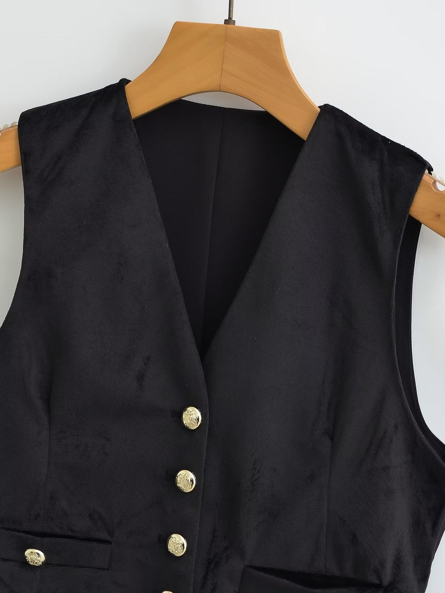 Women Clothing French Black Velvet V Neck Vest Jacket
