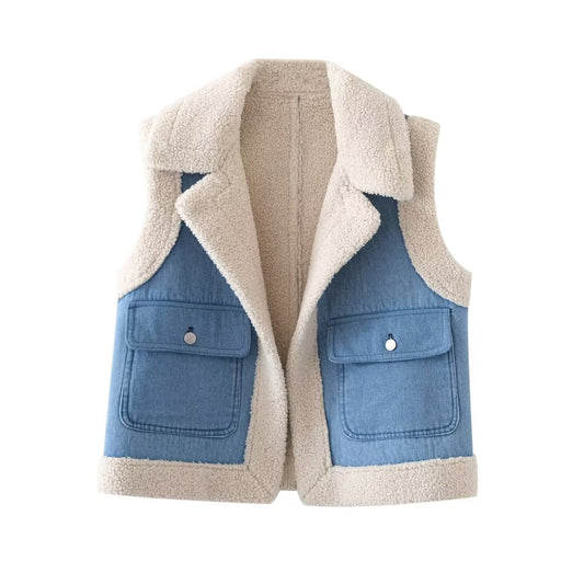 Retro Fleece Lamb Wool Denim Double Sided Vest Autumn Winter Pocket Decoration Loose Warm Casual Vest