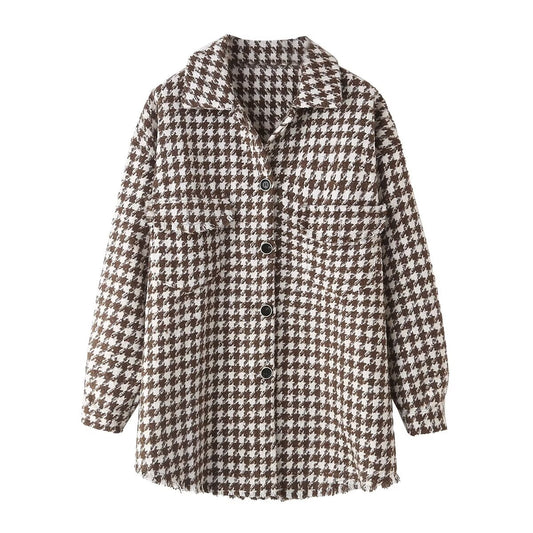 Autumn Casual Loose Burrs Large Shirt Houndstooth Collared Long Sleeved Woolen Coat