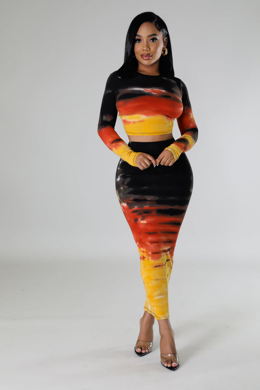 Women Clothing Sexy Sunken Stripe Printed Hip Skirt Two Piece Set