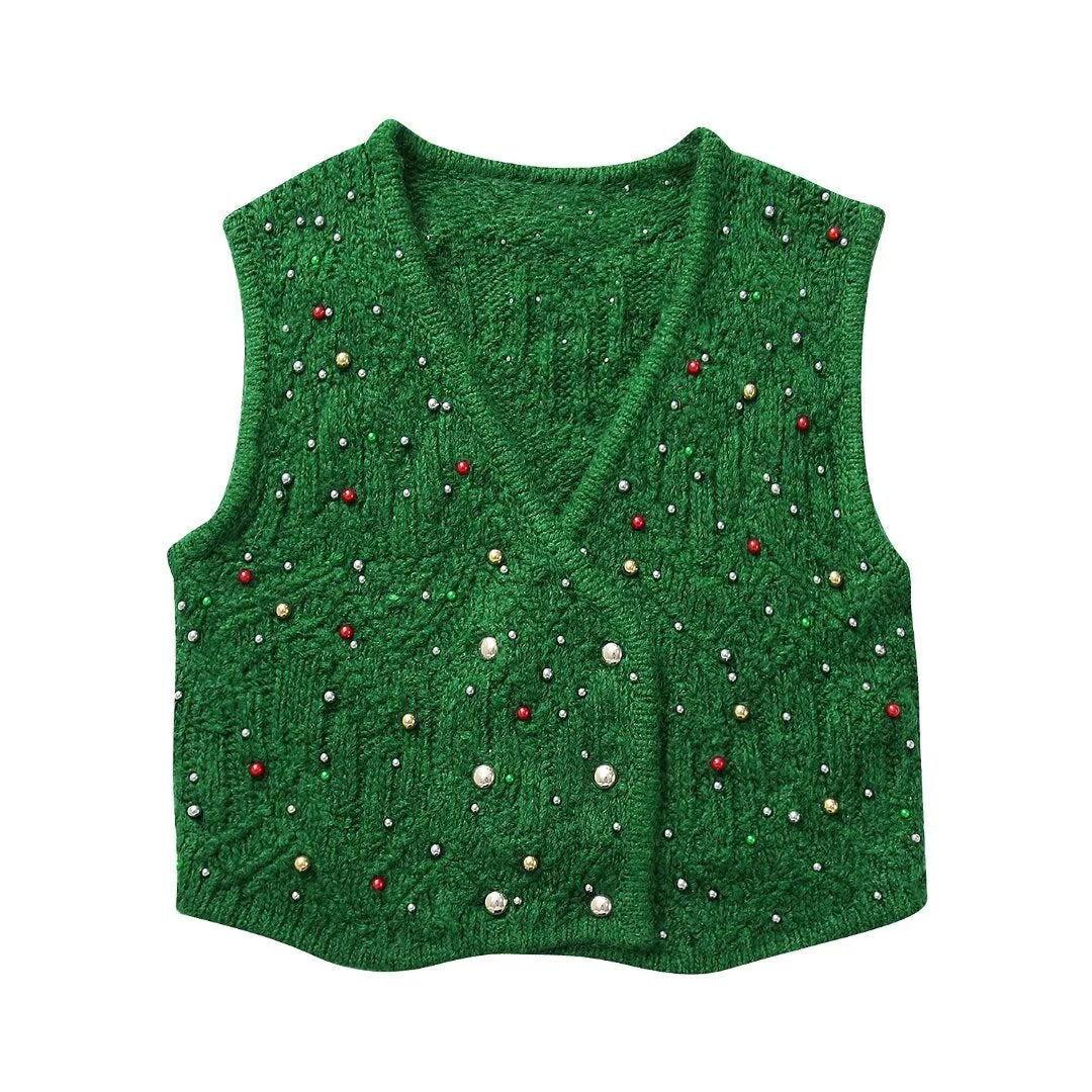 Spring Women V Neck Artificial Pearl Inlaid Knitted Vest