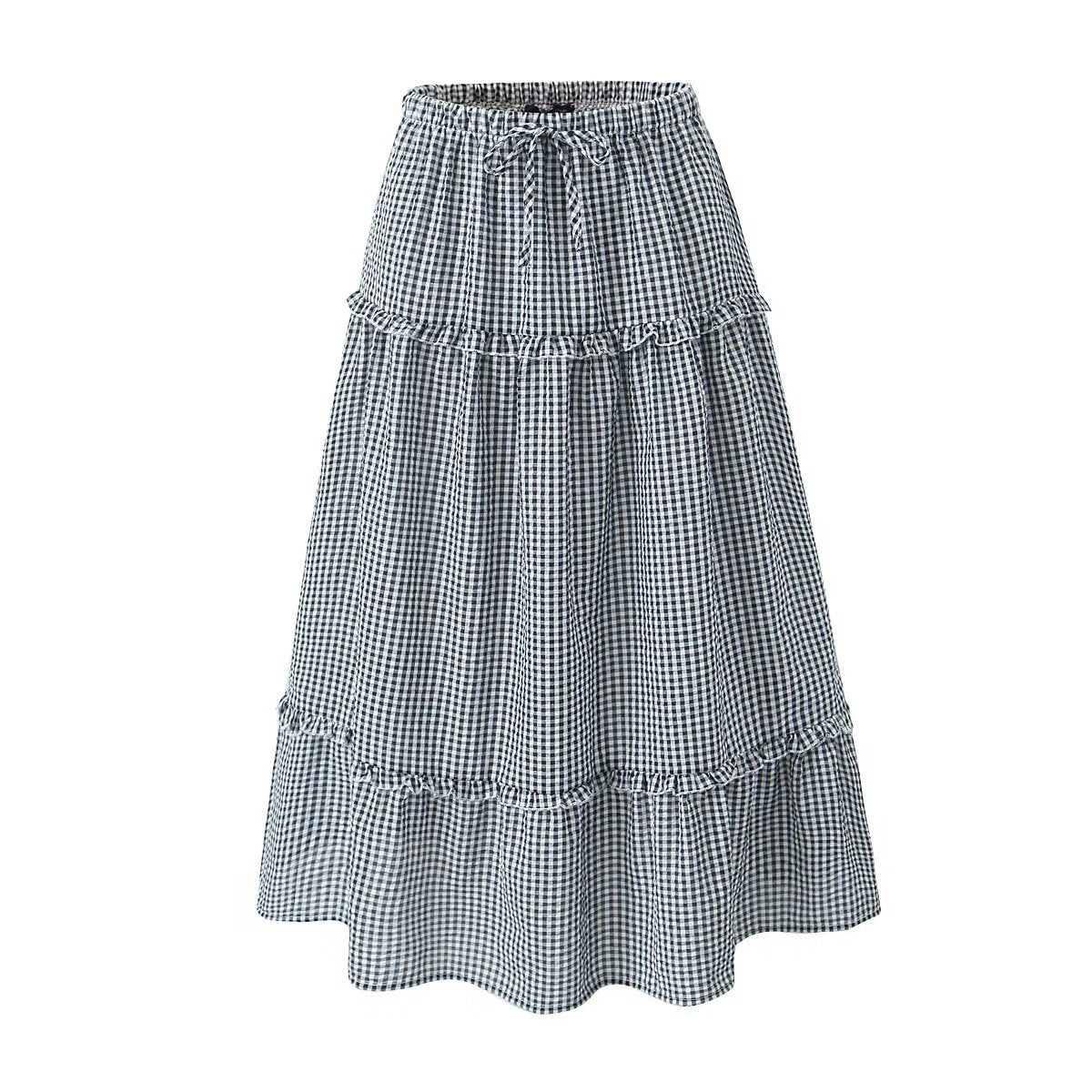 Autumn Plaid Pullover Lace Strap Top Drawstring A line Skirt Set for Women