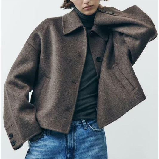 Women Clothing French Slim Fit Two Tone Woolen Short Coat