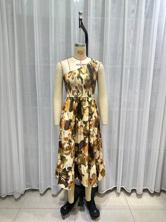 Women Printed Slim Dress Summer Slim Fit Asymmetric Elegant Dress