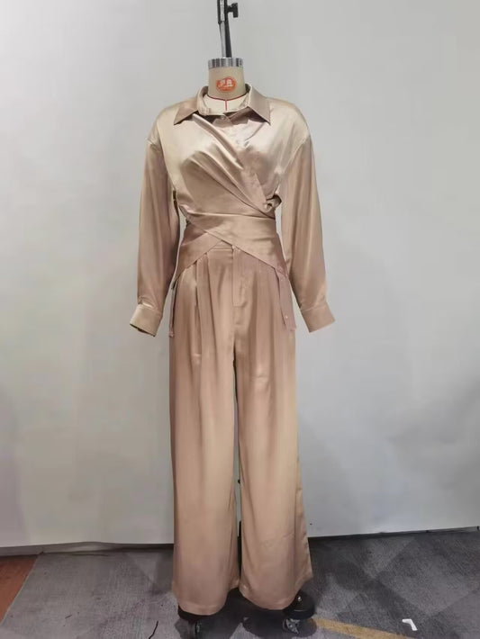 Autumn Winter Women Shirt Casual Straight Pants Two Piece Suit Office