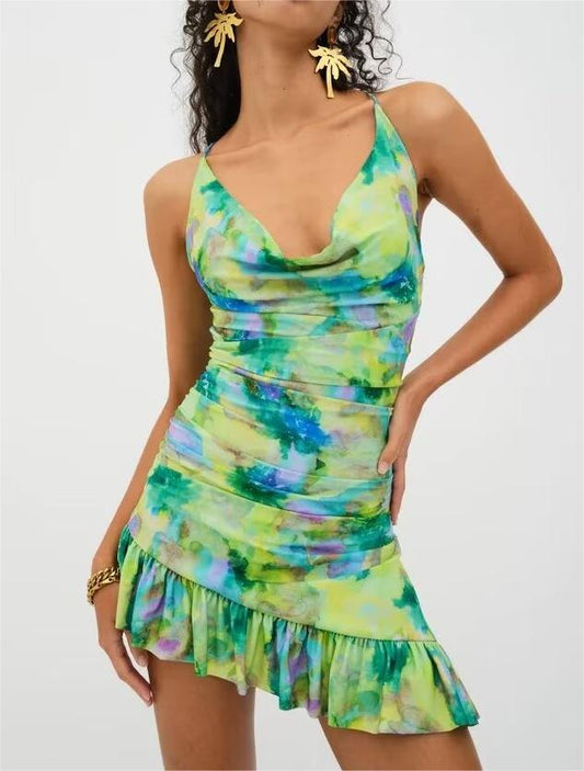 Early Spring High Elastic Print Swing Collar Irregular Asymmetric Slant Cut Bottom Lace Sling Dress