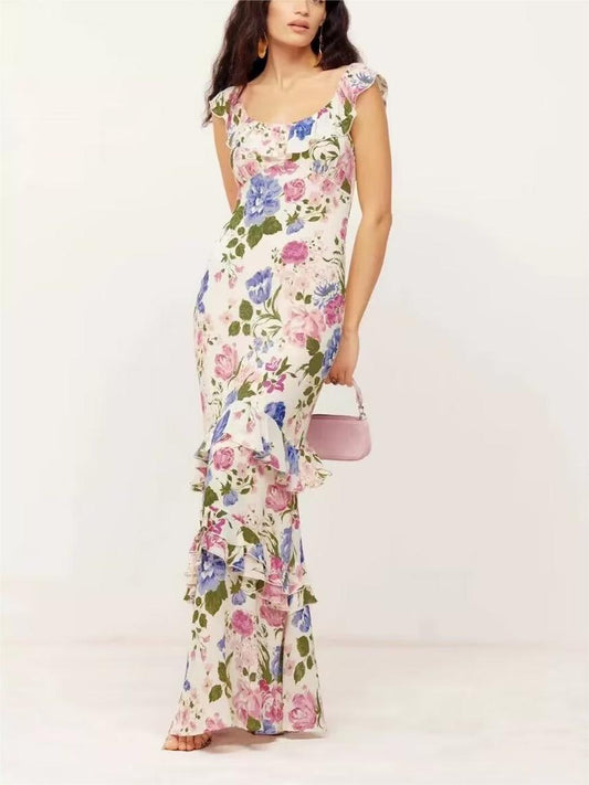French Elegant Vintage Floral Ruffled Maxi Dress Cami Dress Summer Slim Fit Seaside Vacation Elegant Dress for Women