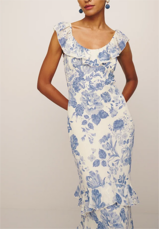 Spring Summer French Elegant Classical Printing Slip Dress Women Ruffled U Neck Maxi Dress