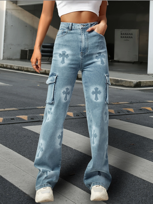 Women Print Retro Straight All match Trendy Brand Street Fried Cropped Jeans