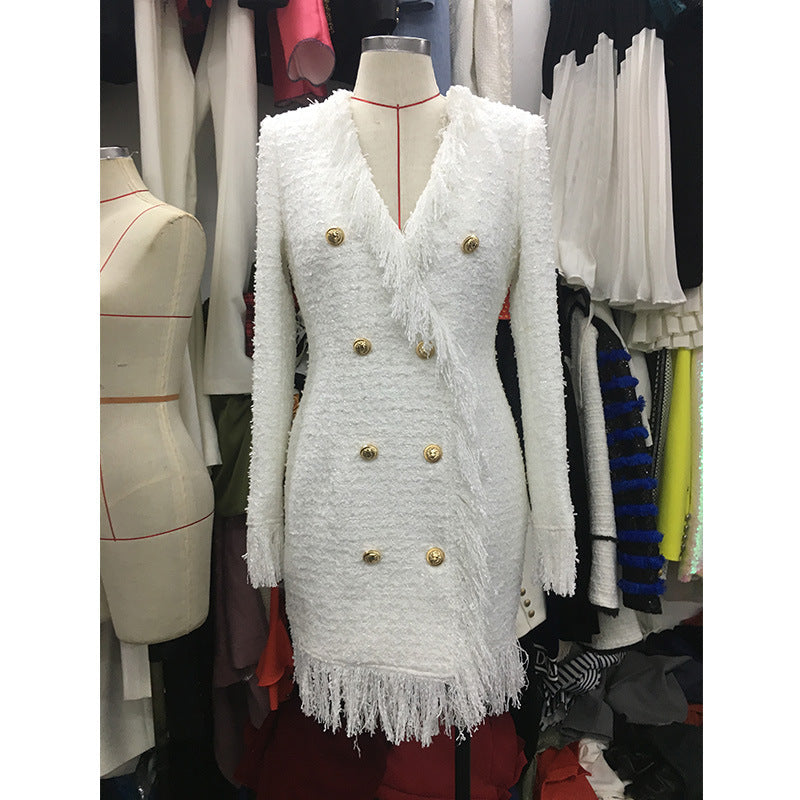 Bright Silk Woolen Tassel Double Breasted V neck Long-Sleeved Slim Fit  Short Dress Coat