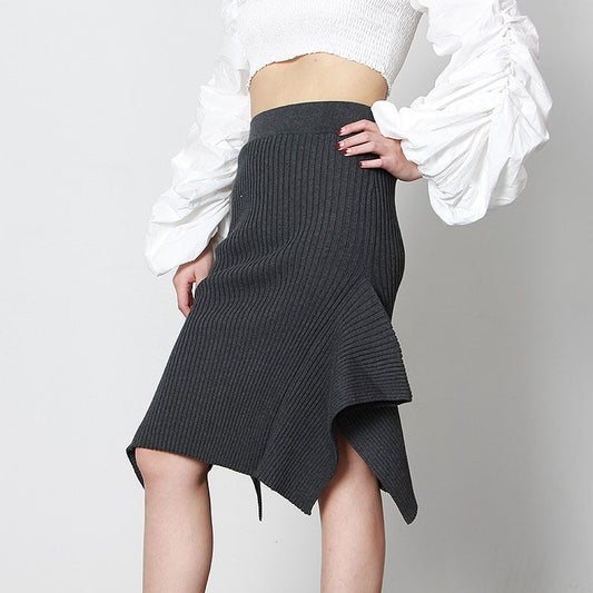 Women Skirt Spring Summer Elegant Mid Length Irregular Asymmetric Elastic Women High Waist Knitted Hip Skirt