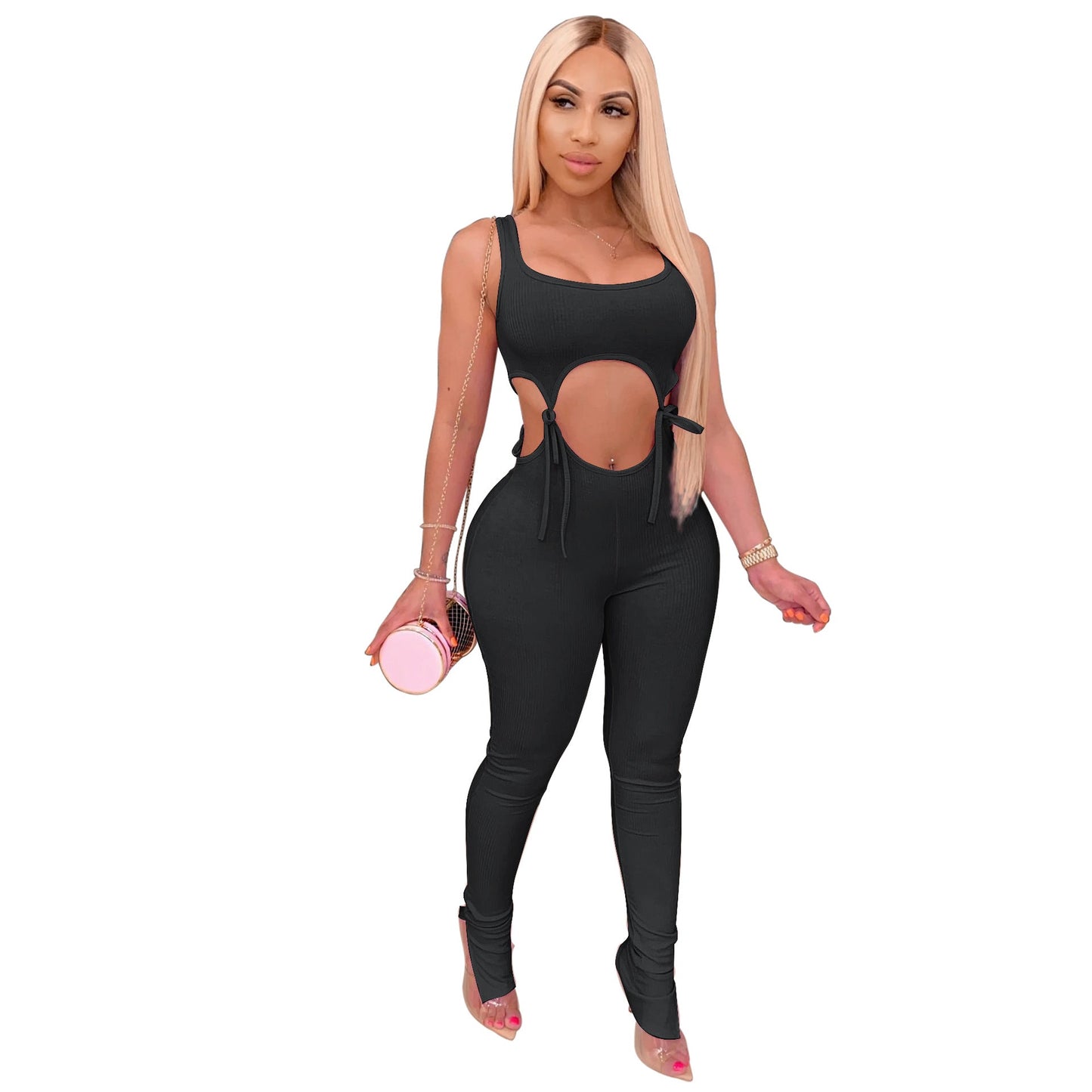Summer Women Clothing Sunken Stripe High Elastic Lace-up Tight Sexy Fashion Suit