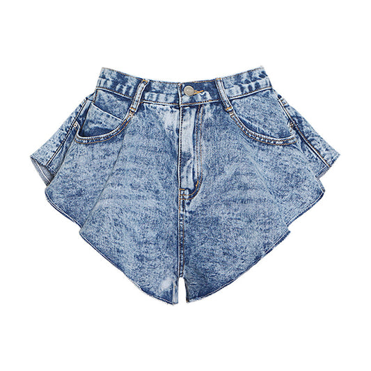 High Waist Denim Shorts for Women Summer Loose Slimming Pocket Ruffled Short Casual Pants for Women