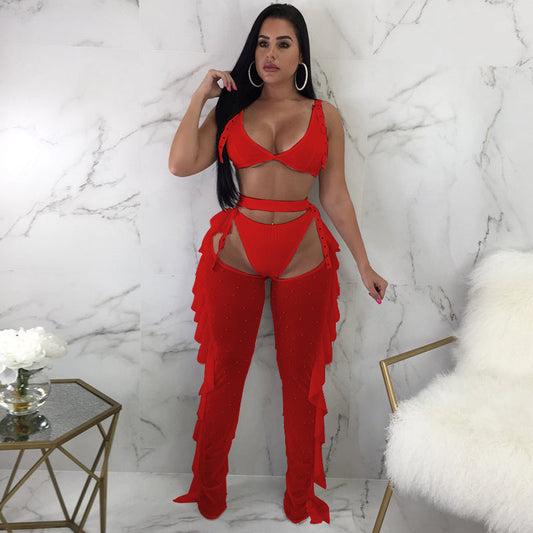 Women Clothing Sexy Mesh Beads Wooden Ear Three Piece Suit