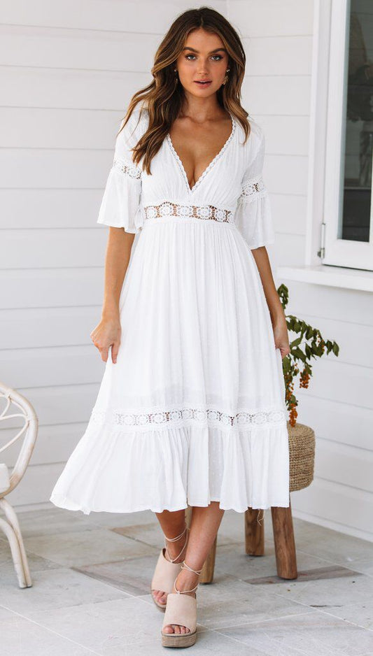Deep V Plunge Plunge Lace Stitching Dress for Women