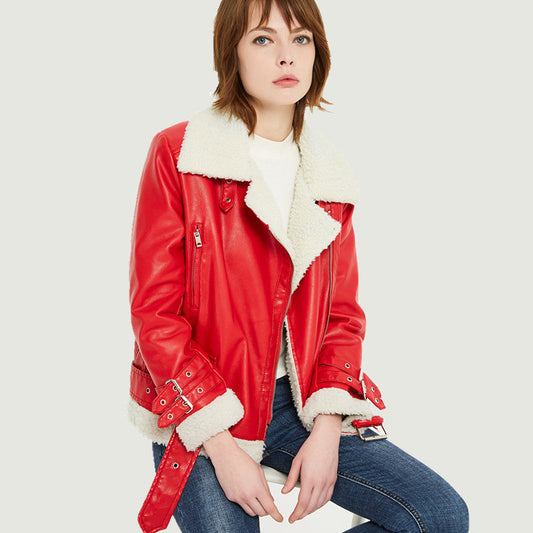 Winter Clothes Women Leather Jacket Lamb Wool BF Korean Thick Motorcycle Jacket Leather Coat