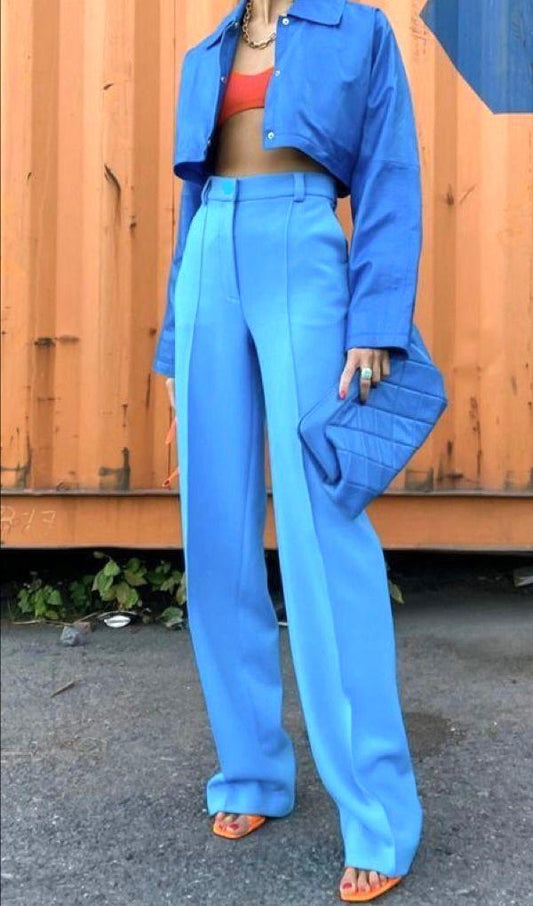 Summer Fashion Elegant High Waist Slimming Blue Texture Work Pant Women