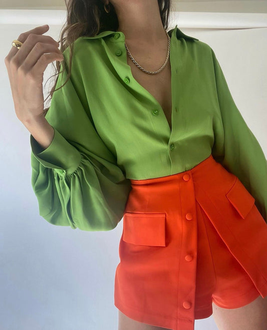 Apple Green Single-Breasted Shirt Fashionable Women Polo Collar Long-Sleeved Shirt Women