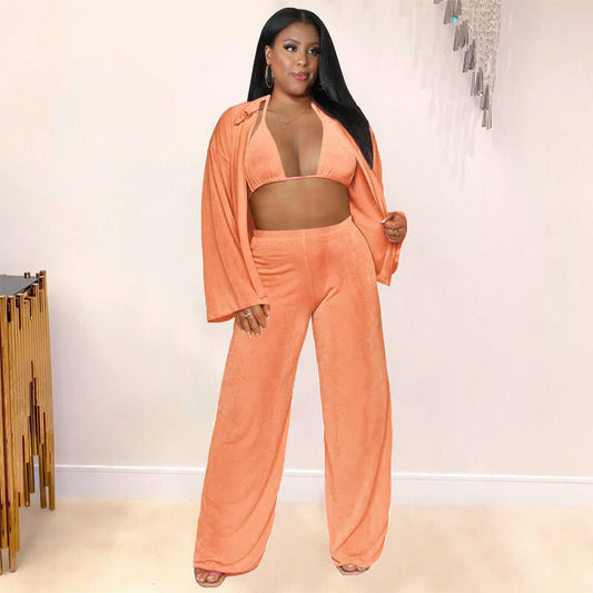 Plus Size Women Clothes Nightclub Sexy Cropped Outfit Cardigan Bell Sleeve Casual Three-Piece Suit