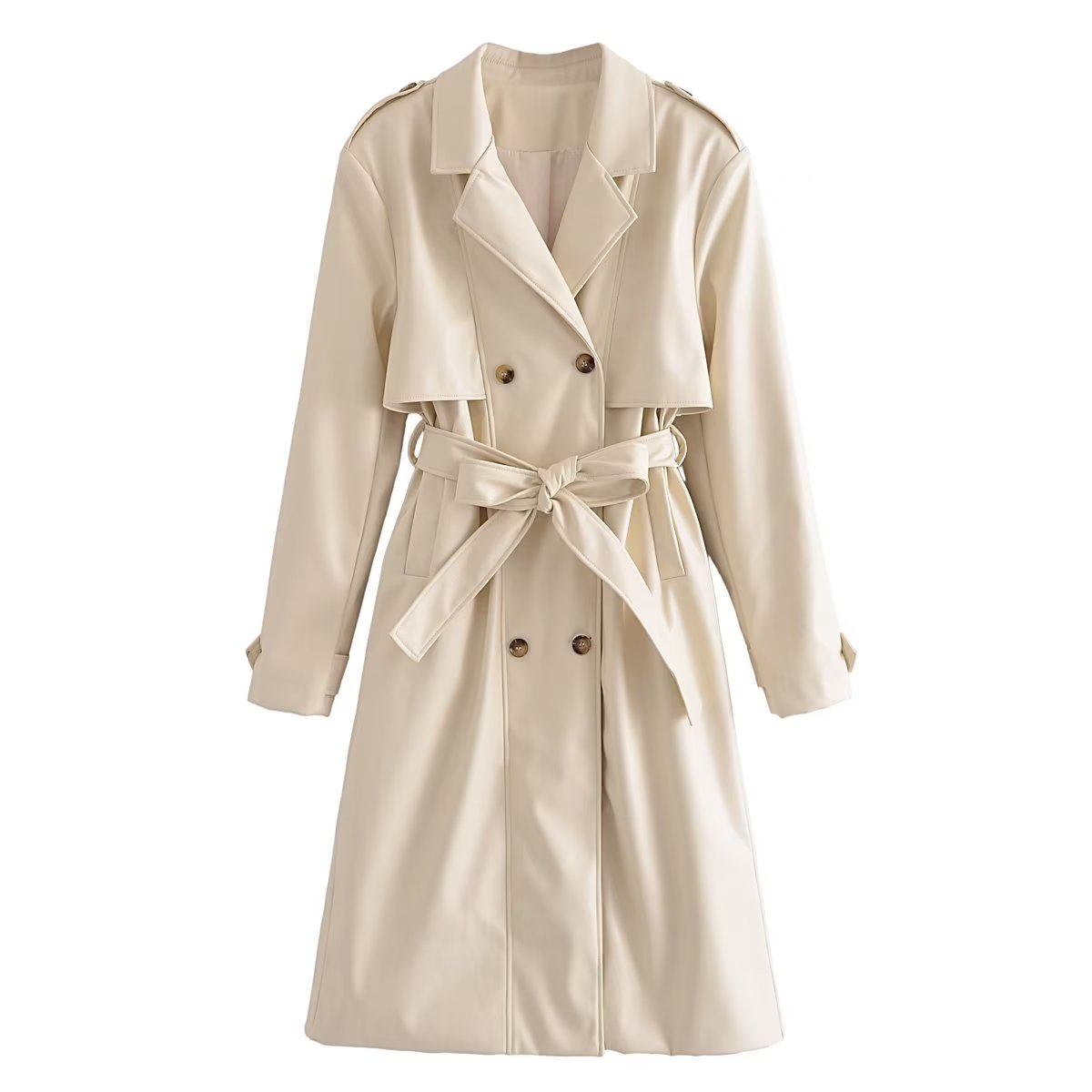 Spring Autumn  Casual Women Blazer Collar Button Decoration Faux Leather Belt Trench Coat