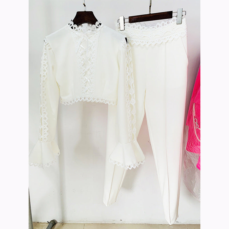 Goods Stars Hollow Out Cutout Lace Bell Sleeve Short Top Skinny Pants Suit Two Piece Set