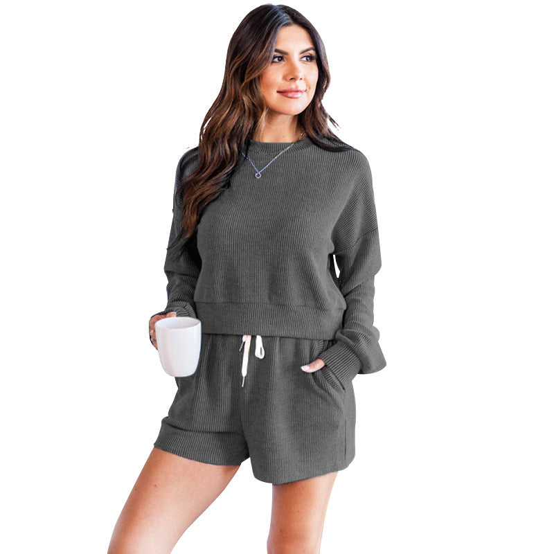 Autumn Winter Solid Color round Neck Pullover Long Sleeve Sweater Women Casual Shorts Suit
