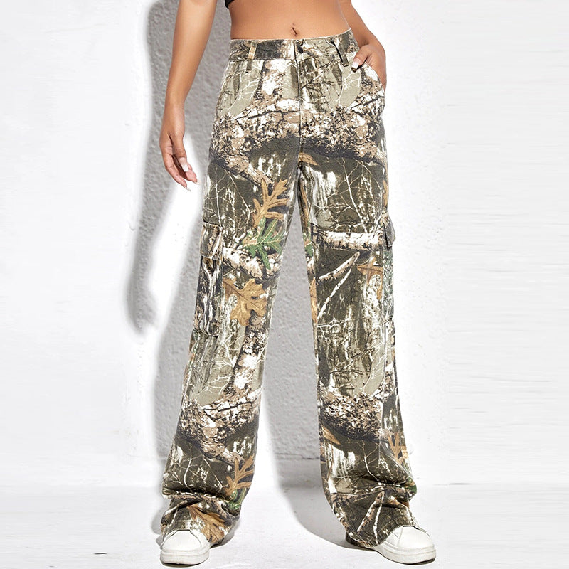 Embroidered Printed Camouflage Trousers Spring High Waist Stitching Zipper Casual Baggy Straight Trousers Women