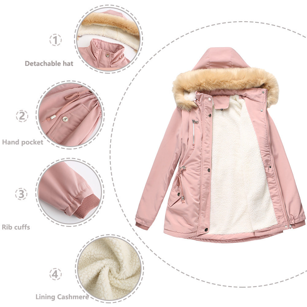 Autumn Winter  Women Clothing Thick Lambskin Cotton-Padded Coat Women Loose Women Cotton Clothes Removable Hat Fleece Padded Coat