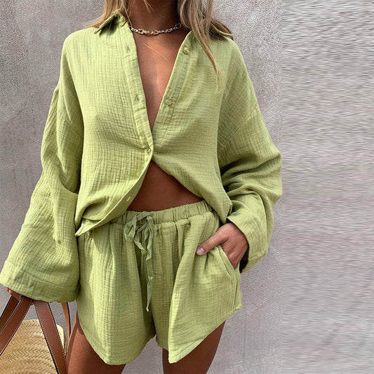 Women Clothing Loose Long Sleeve Shirt Casual Shorts Two-Piece Suit