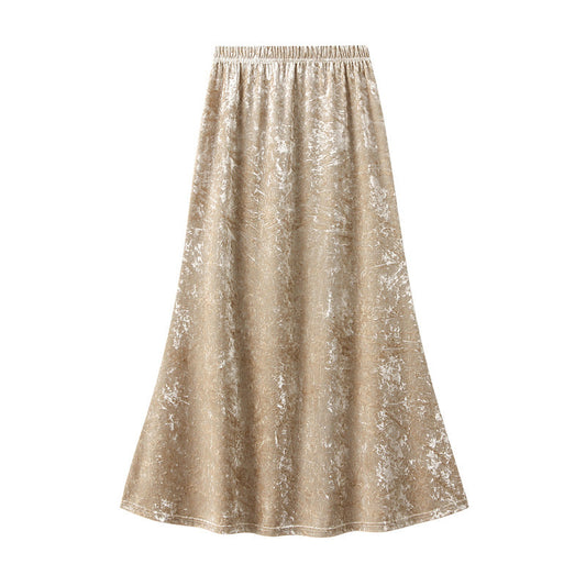 Gold Velvet Fishtail Skirt Women Autumn High Waist Slimming Sheath Long Skirt