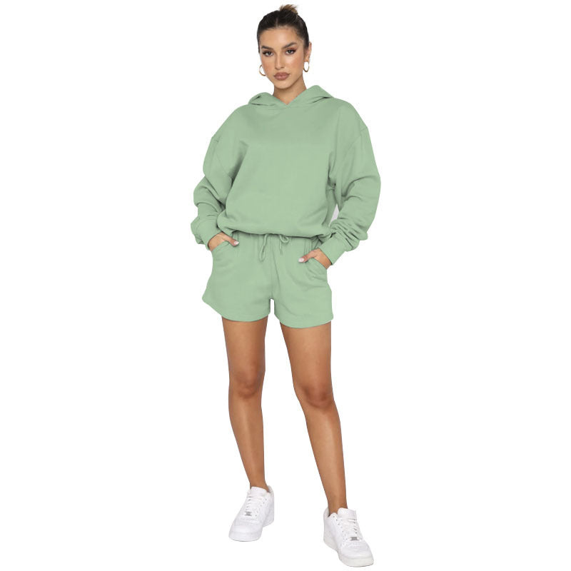 Autumn Winter Solid Color Pullover Hooded Long Sleeves Sweaters Women Clothing Casual Shorts Suit