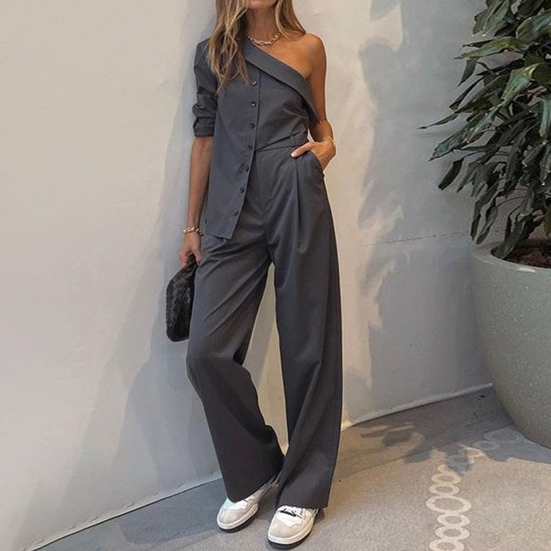 Women Clothing Sexy One Shoulder Irregular Asymmetric Top Loose Two Piece Pants