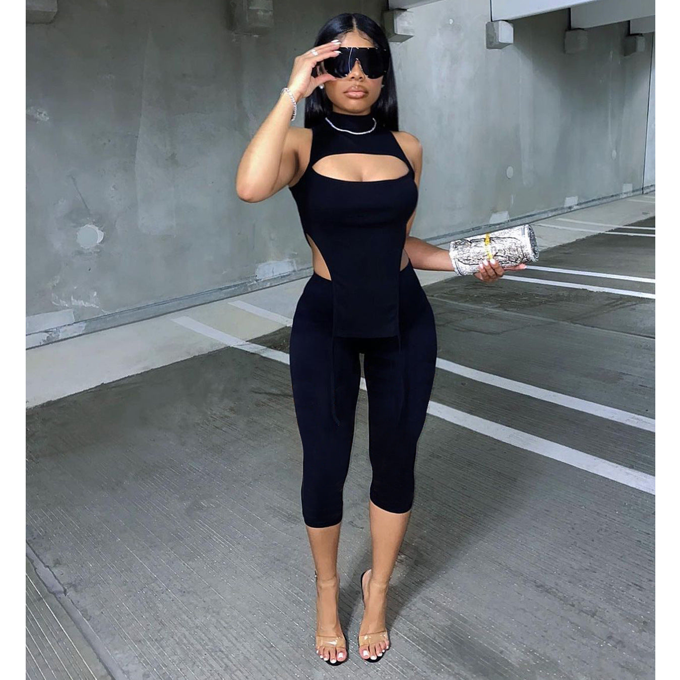 Women Clothing Sexy Sleeveless Half Turtleneck Cropped Pants Two-Piece Solid Color Elastic Suit for Women