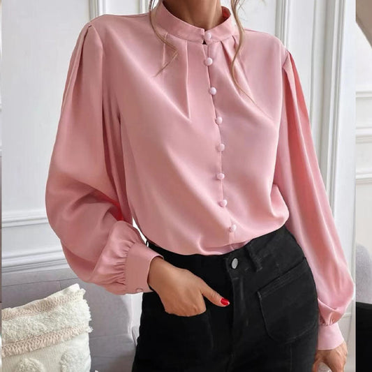 Women  Shirt Autumn Elegant Solid Color Collared Long Sleeve Single Row Button Loose Women Top