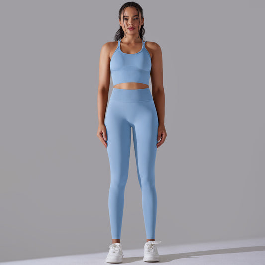 Arrival Seamless Knitted Solid Color Beauty Back Skinny High Waist Yoga Clothes Suit Running Fitness Two Piece Set