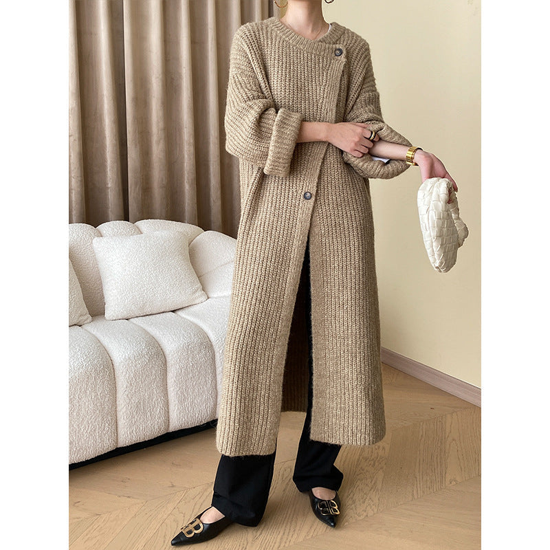 Advanced Idle Early Autumn Rabbit Sheep Hair Combination Thick Knitted Cardigan Baggy Coat Long