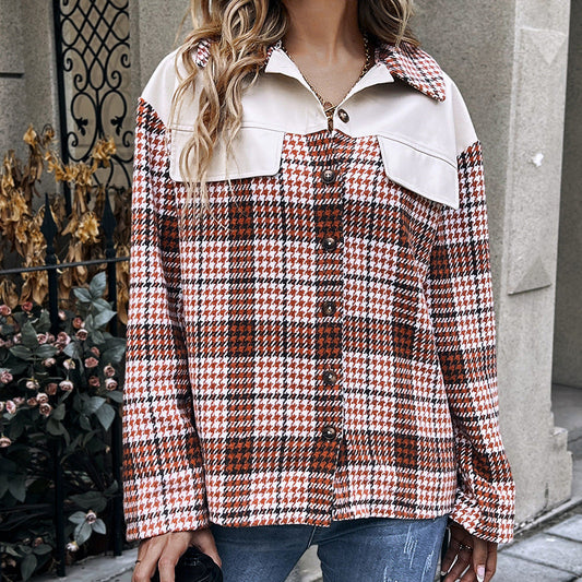 Leather Stitching Plaid Long Sleeved Plaid Top Loose Casual Shirt Single Breasted Jacket Coat for Women